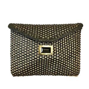 Kara Ross NY Woven Straw Black Leather Onyx Embellished Envelope Clutch Handbag